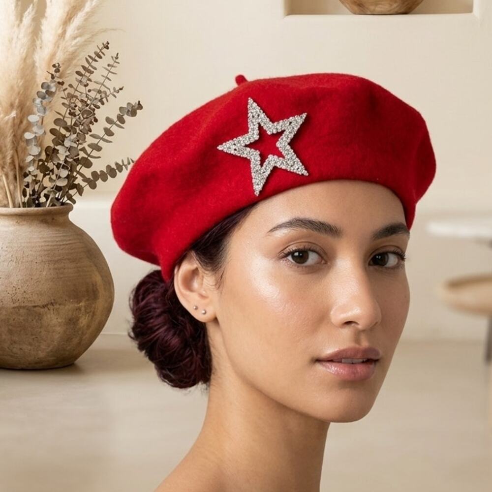 New Wool Felt French Beret Hat Womens One Size Bright Red Rhinestone Star Detail